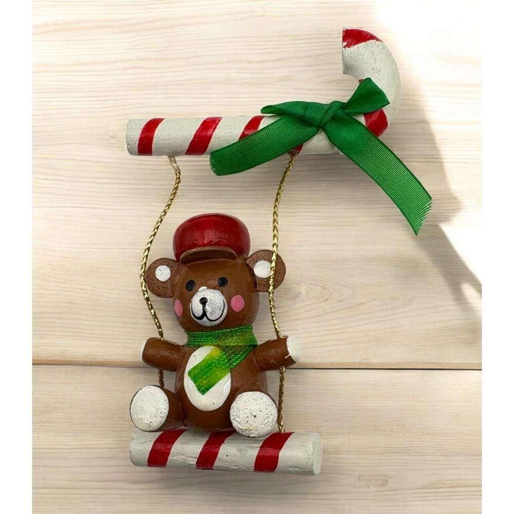 Vintage Wooden Teddy Bear Christmas Ornament Swinging on Candy Cane